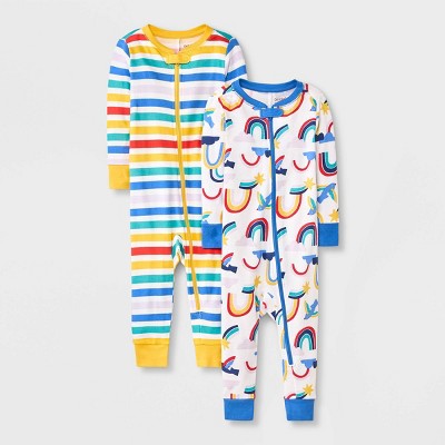 Baby Girls' 2pk Rainbow & Birds Tight Fit Pajama Romper - Cat & Jack™ Blue 12M