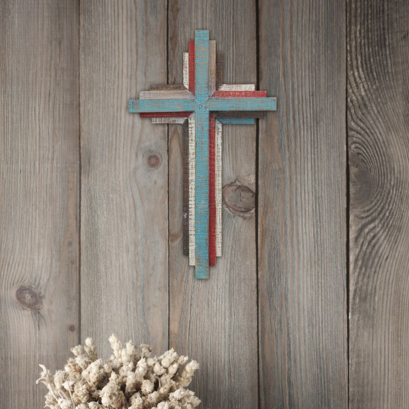 14.4&#34; x 8.5&#34; Rustic 3D Wooden Wall Cross Brown/Blue - Stonebriar Collection, 5 of 7