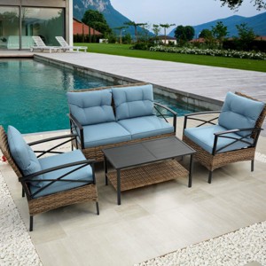 Patio 4 Piece Sectional Low Dining Conversation Sofa Set, Wicker Outdoor Sofa Set With Cushion, Patio Conversation Sets-Cuddlewood - 1 of 4