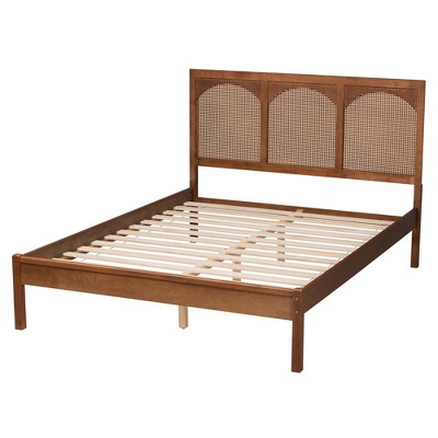 Queen Walnut Wood and Rattan Platform Bed with Headboard
