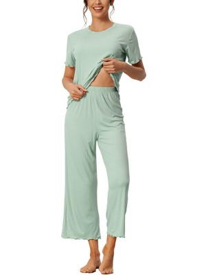 cheibear Women's Pajama Set Ruffle Round Neck Soft Knit Short Sleeve Shirt with Pants Capri Loungewear