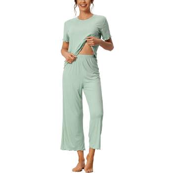 cheibear Women's Sleepwear Round Neck Soft Knit Short Sleeve Shirt with Pants Capri Pajamas Set
