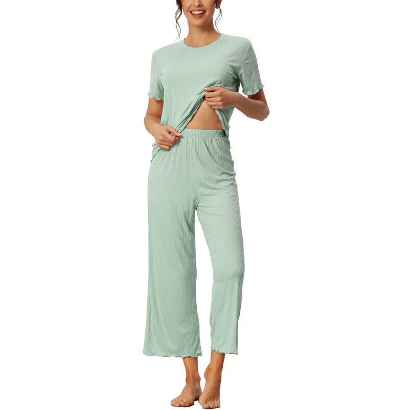 cheibear Women's Sleepwear Round Neck Soft Knit Short Sleeve Shirt with Pants Capri Pajamas Set, 1 of 6