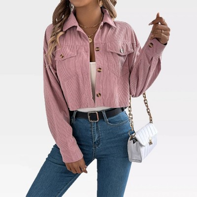 Womens Casual Jackets Corduroy Cropped Shacket Fashion Textured Trendy Crop Boxy Coats Faux Pockets Fall Winter Button Down Coats