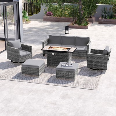 Sonkuki 6-Piece Patio Sofa with Rectangle Fire Pit Table and Swivel Rocking Chairs, Patio Conversation Couch with Cushion