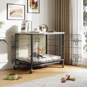 27.2" Modern Double Door Wooden Dog Kennel for Indoor Use with Removable Tray and Mobility Wheels - 1 of 4