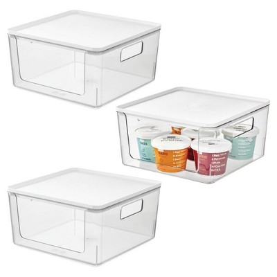 iDesign Stackable Open-Front Bins with Lid, Set of 3, Clear/White