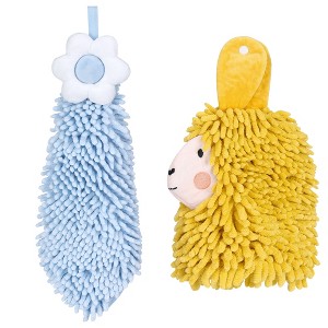 REGALWOVEN Soft Absorbent Flower Pattern and Sheep Pattern Chenille Hand Towel with Loop 6" x 15"/7" x 11" 2 Pcs - 1 of 4