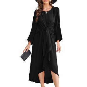 Womens Knot Waist Round Neck Long Sleeve Midi Dress Vintage Semi Formal Dresses for Wedding Guest Cocktail - 1 of 4