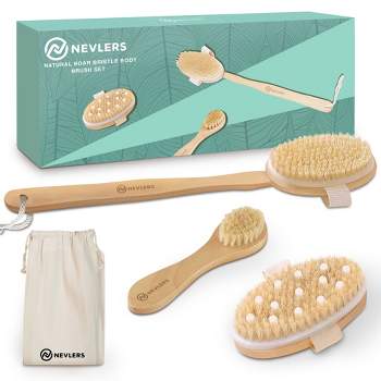Dry Brushing Body Brush Set with 100% Natural Boar Bristles (Set of 3) | Skin Exfoliating Kit with Long Detachable Back Brush Contour Body and Face