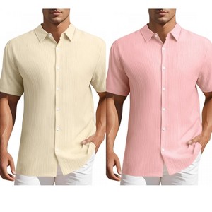 INSPIRE CHIC Men's Summer Point Collar Short Sleeves Button Down Linen Shirts 2 Packs - 1 of 4