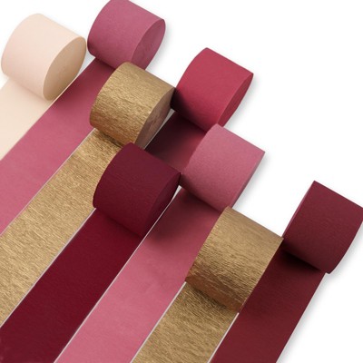 PartyWoo Crepe Paper Streamers Gradient Burgundy Metallic Gold White Sand 8 Rolls 656 ft 1.8Inch x 82Ft Rolls
