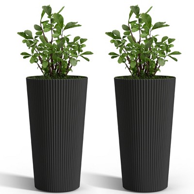 Naysaye Planters 2PCS Tall Indoor and Outdoor Planter Pot Large Flower Cone Striped Plastic Flower Pot for Home Garden Patio, Black, 13"*13"*23.6"