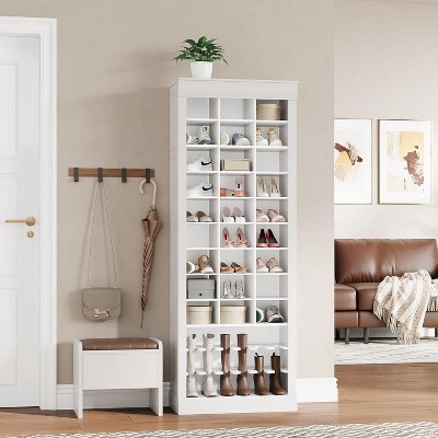 Tall Shoe Cabinet, 10 Tier Shoe Storage Cabinet, Freestanding Wooden Shoe Cabinet Organizer with 27 Cubbies and Tall Boots Storage
