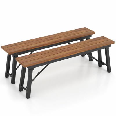 Tangkula Outdoor Folding Bench Set of 2  55 Inches Long 2-3 Person Acacia Wood Backless Patio Dining Bench