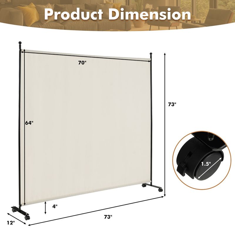 Costway 6FT Single Panel Room Divider with Wheels Rolling Fabric Partition Privacy Screen, 3 of 11