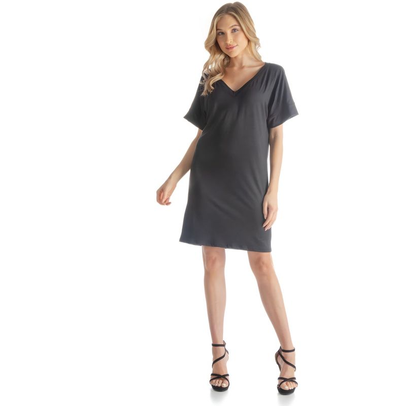 24seven Comfort Apparel Solid Color Loose Fit V Neck T Shirt Style Womens Knee Length Dress, 1 of 7