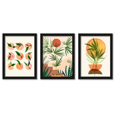 (set Of 3) Retro Sunset Garden By Modern Tropical Black Framed Triptych ...