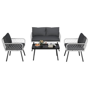 4-Piece Patio Sectional Set - Handmade Rattan & Metal Frame Sofa with Coffee Table, for Backyard, Garden and Poolside, Grey - 1 of 3