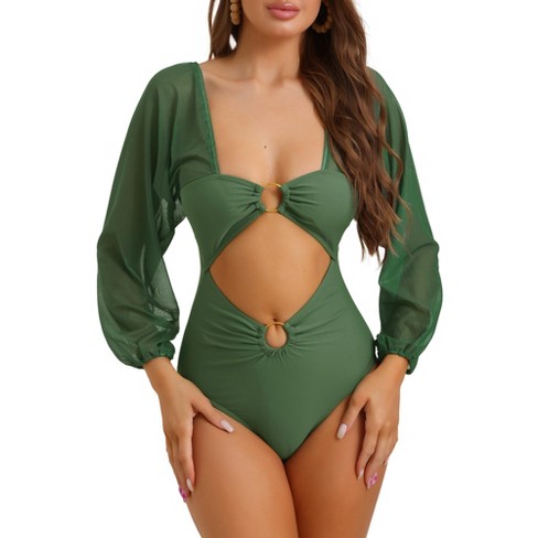 Elerevyo Women s Cut Out Ring Plunge Neck Shirred Long Sleeves Mesh Tummy Control Monokini Swimsuit 1 Pc Target