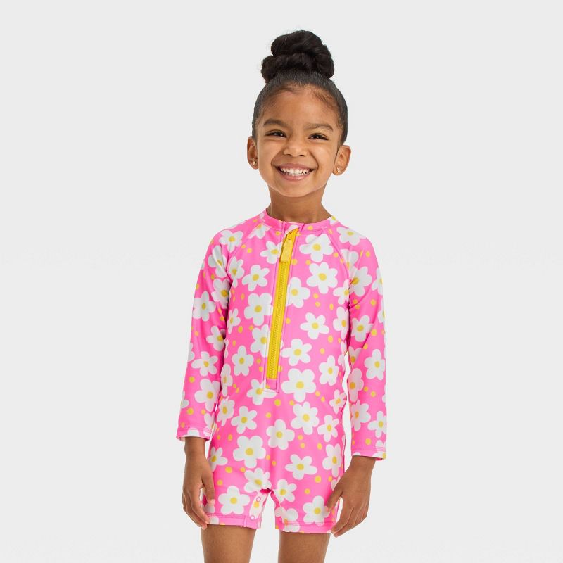 Toddler Girls' Long Sleeve Daisy Printed Rash Guard Swimsuit - Cat & Jack™ Pink, 1 of 5
