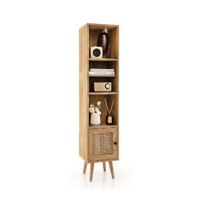 Munora 4-Tier Slim Rattan Storage Cabinet - 3 Open Cubbies + 1 Door Cabinet with 12-Position Adjustable Shelf - 54"H for Small Spaces