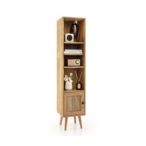Munora 4-Tier Slim Rattan Storage Cabinet - 3 Open Cubbies + 1 Door Cabinet with 12-Position Adjustable Shelf - 54"H for Small Spaces - 1 of 4