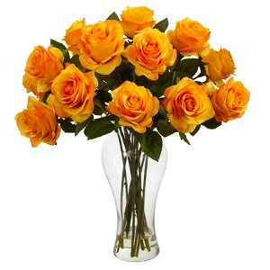 Nearly Natural Blooming Roses with Vase, Orange/Yellow - 1 of 4