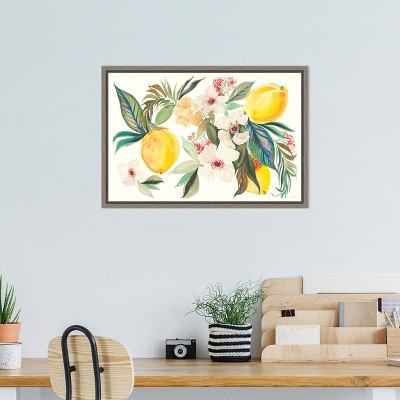 Citrus Summer Floral Canvas Wall Art with Gray Frame