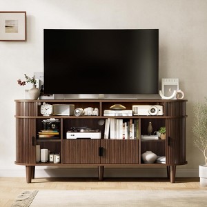 59" Fluted TV Stand with Sliding Doors & Adjustable Shelves, TV Stand for TVs up to 65", Walnut - 1 of 4
