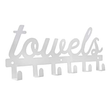 AuldHome Design White Towel Hanger w/6 Hooks; Farmhouse Style Towel Hanger Hooks for Wall / Door mounted