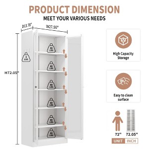 Munora 72"H Metal Kitchen Pantry Cabinet - 5 Adjustable Shelves + Glass Doors, 80LBS/Shelf Capacity, White Freestanding Storage for Kitchen/Bathroom - 1 of 4