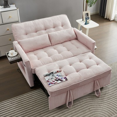 3 in 1 Corduroy Sofa Bed Adjustable Backrest USB Port Pull Out Couch Loveseat Convertible Sleeper Couch with Storage Pockets and Pillows