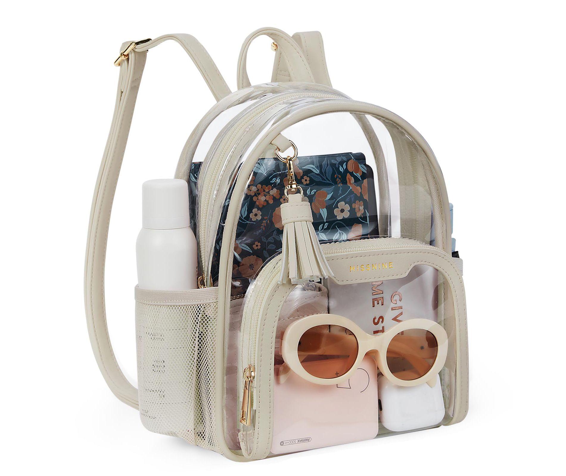 Clear Backpack Stadium Approved, Thick PVC Mini Clear Bag with Leather Trim for Sports Event, Concert, Festival, Khaki