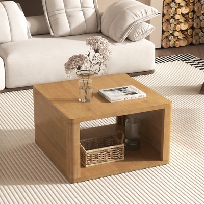 31"W Square Coffee Table Cocktail Table Accent Table Center Table with Open Storage Shelf, Rounded Corners, Feet Pads, Natural/Dark Brown-ModernLuxe
