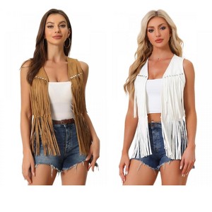 INSPIRE CHIC Women's 70s Western Open Front Faux Suede Fringe Vest 2 Packs - 1 of 4