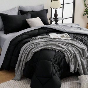 Queen Comforter Set - 7 - Piece All Season Bed in a Bag, Ultra Soft with Black Light Grey - 1 of 4