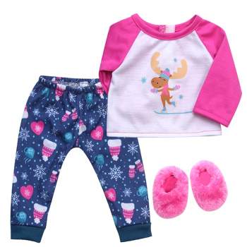 Sophia’s Moose Print Winter Pajamas & Fuzzy Slipper Set for 18” Dolls, Blue/Pink