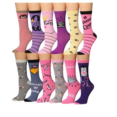Tipi Toe Women's 12 Pairs Lightweight Colorful Queen Love Patterned Words Crew Socks