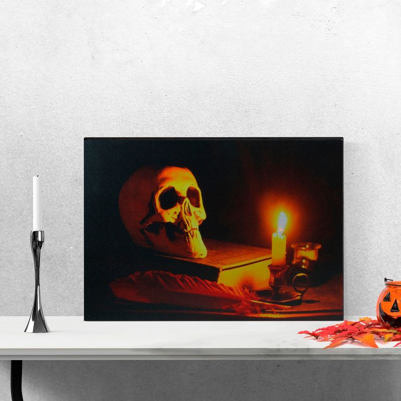 Northlight 15.75" Halloween Prelit LED Antique Candle and Skull Canvas Wall Art - Black/Orange, 2 of 5