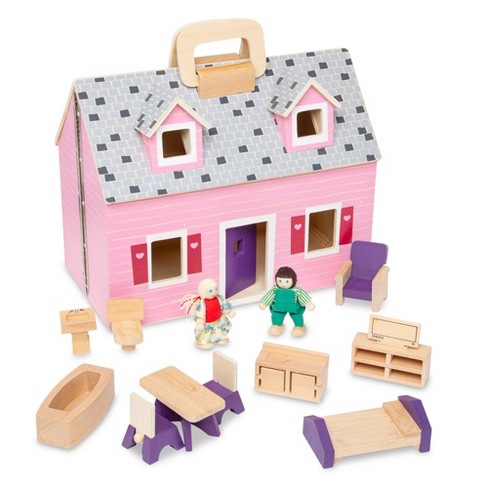 Melissa & Doug Fold And Go Wooden Dollhouse With 2 Dolls And Wooden  Furniture : Target