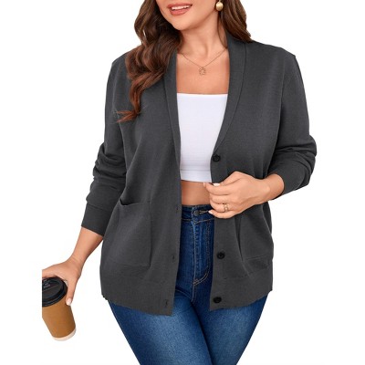 Plus Size Women's Knit Cardigan Sweater, Long Open Front Draper Pocket Shawl Collar Coat for Fall Winter