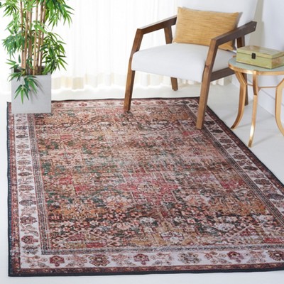 Ivory and Green Square Machine Washable Area Rug