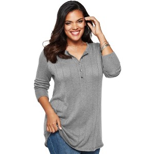 Roaman's Plus Size Drop Needle Henley Lightweight Sweater Knit - 1 of 4