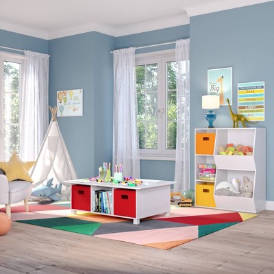 White Wooden Kids Activity Table with 6 Storage Cubbies