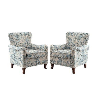 Set of 2 Vincent Wooden Upholstered Armchair with Fabric Pattern and Wingback Design for Bedroom| ARTFUL LIVING DESIGN