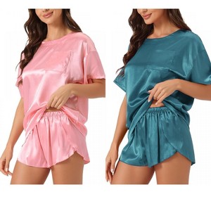 INSPIRE CHIC Women's 2 Pcs Lounge Sets Satin Silky Short-Sleeve Tee with Side-Slit Elastic Shorts Sleepwear - 1 of 4