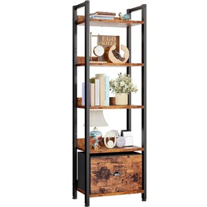 Aoibox 5 Tier Tall Narrow Bookshelf with Removable Fabric Drawer Wood Metal Storage Organizer Rustic Brown for Bedroom Living Room - 1 of 4