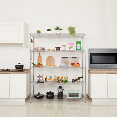 5-Tier Storage Shelves Unit With Removable Shelves, Adjustable Feet, Moving Wheels Steel Rust Proof Storage Rack For Supermarket, Warehouse
