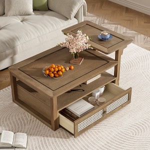 Zeus & Ruta Modern Coffee Table with Storage Shelf, Double-layer Tabletops & Rattan Drawer for Living Room - 1 of 4